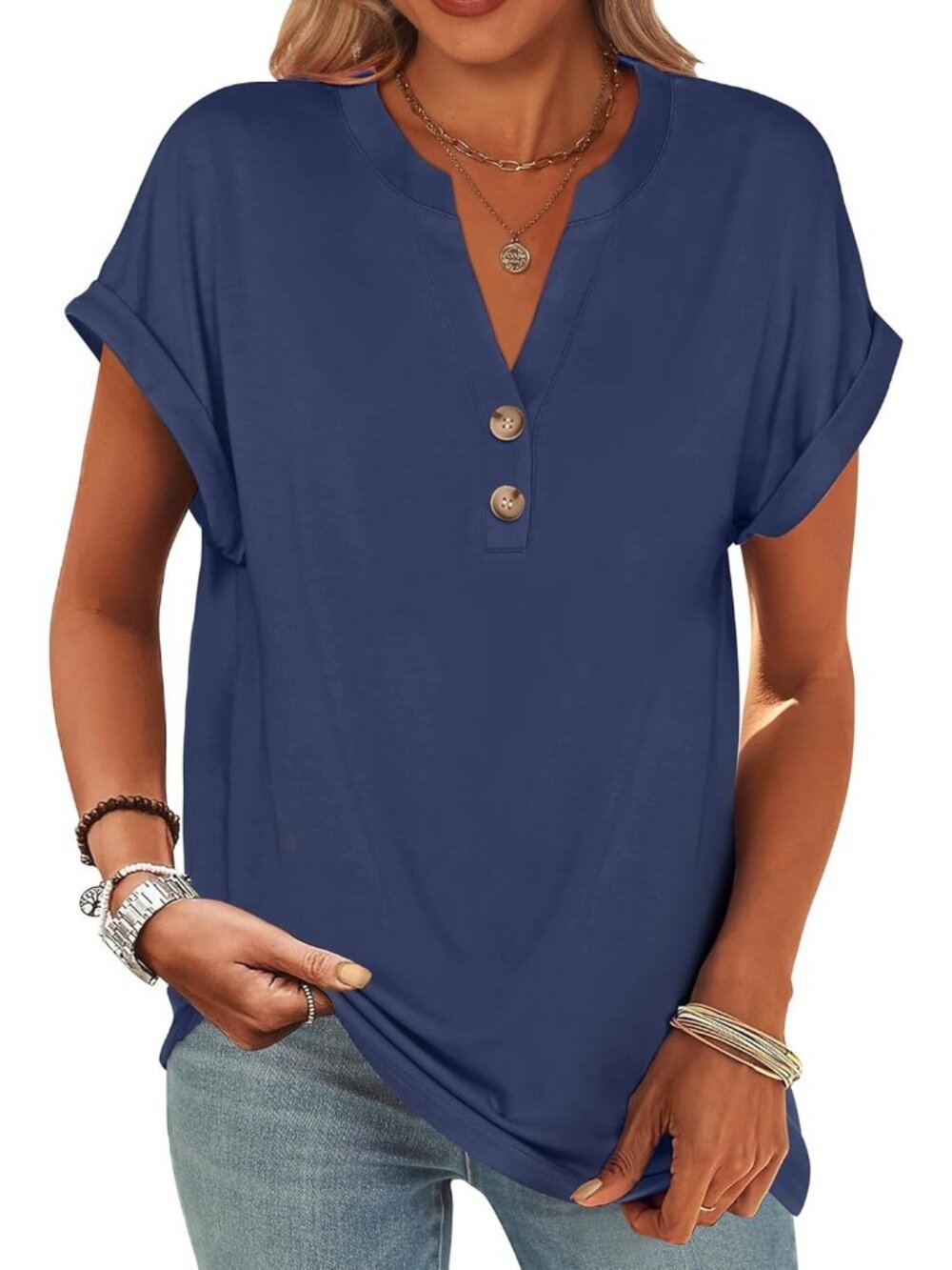 Women's Blue Gray Summer Short Sleeve Henley V Neck Dressy Fashion Top Blouses